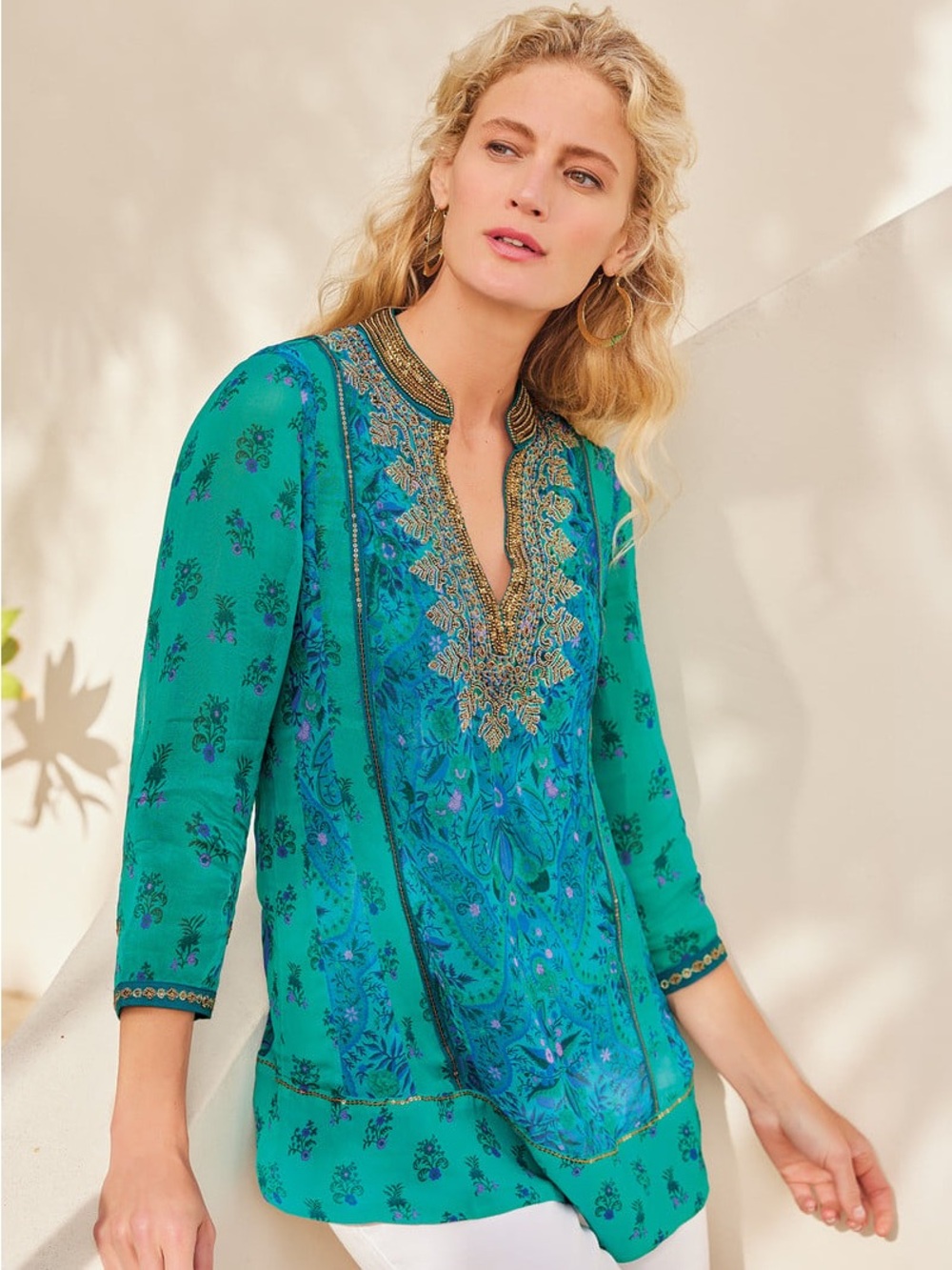 Soft Surroundings Boho Blue Green V-neck Embellished Bronte Tunic Blouse Top